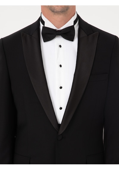 Cacharel Siyah Slim Fit Yün Karışımlı Kırlangıç Yaka Smokin Damatlık