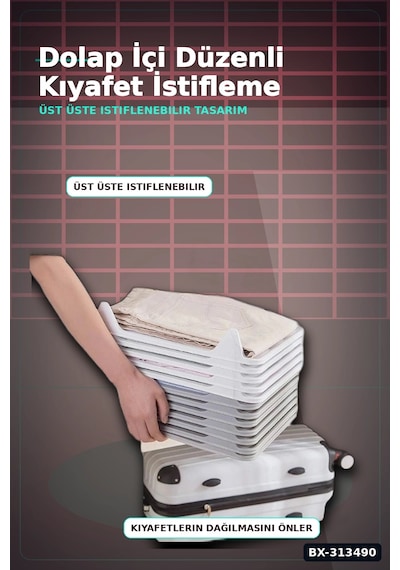 Katlanabilir Plastik Tişört Düzenleyici Aparat - 1 Adet, Dolap İçi Organizer Bx-313490 Beyaz