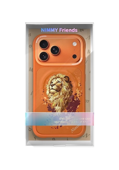 İphone 18 Pro Max Uyumlu Magsafe Gerçek Nakışlı Turuncu Aslan Figürlü Kılıf - Lion