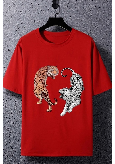 Unisex Tiger Baskılı T-shirt Kırmızı