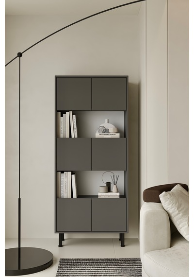 Hitit Kitaplık 175 Cm - Vitrin - Gümüşlük 100% Mdf Metal Ayak Gri