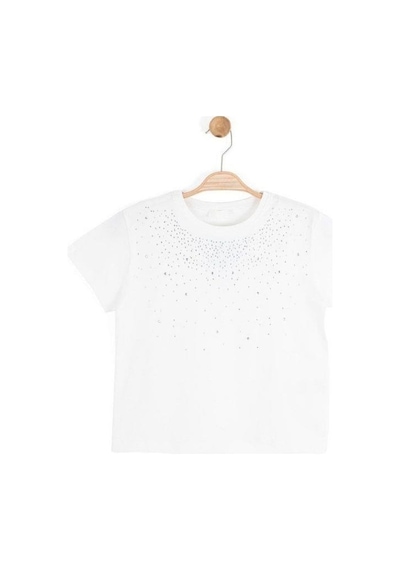 Zekids Kız Çocuk Taş İşlemeli Pamuklu T-shirt-16310 Ekru