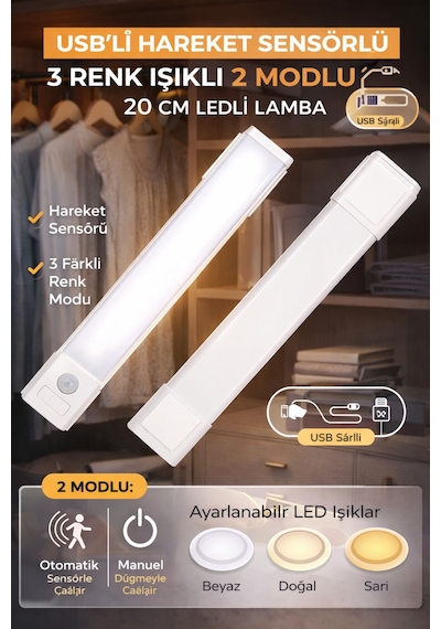 Hareket Sensörlü Led Lamba 20cm Usb Şarjlı 3 Renk Işık Dolap Mutfak Tezgah Altı Aydınlatma 1adet Beyaz