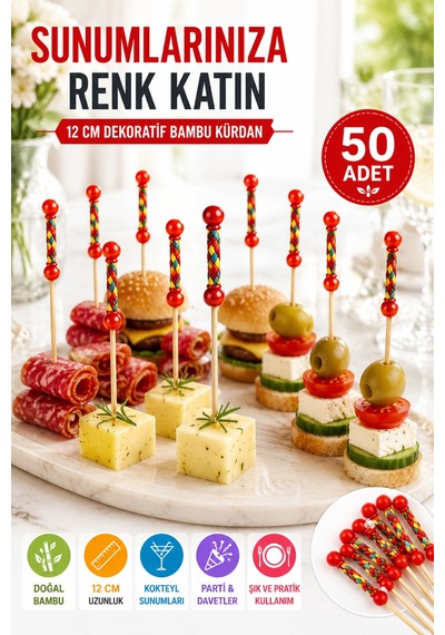 50 Adet Dekoratif Kırmızı Örgülü Bambu Kürdan 12 Cm Kokteyl Parti Kanepe Sunum Çubuğu Seti Paket