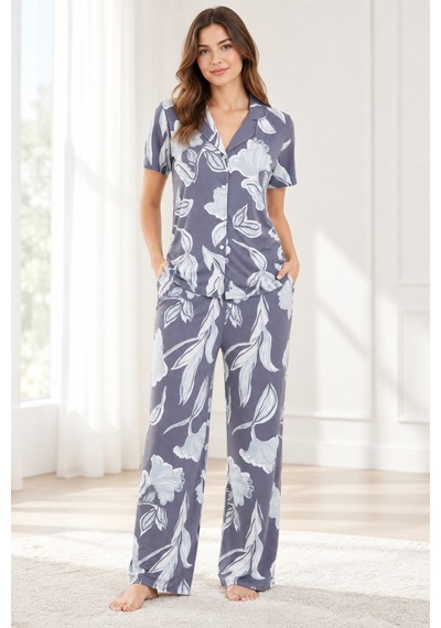 Lılac Kadın %100 Viskon Gri Desenli Gömlek Yaka Pijama Takımı Gri - Beyaz Gri - Beyaz Lılac Kadın %100 Viskon Gri Desenli Gömlek Yaka Pijama Takımı Gri - Beyaz Gri - Beyaz