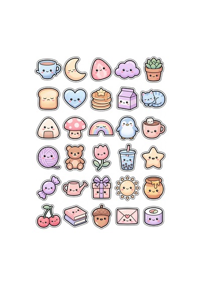 30 Adet Pastel Sevimli Obje Sticker Seti - Laptop Defter Ajanda İçin Çok Renkli