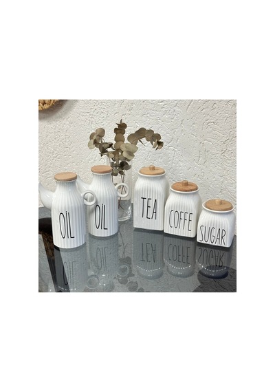 5 Parça Takım 2 Li Porselen 1000ml Oil Yağdanlık 3 Lü Kavanoz Tea Sugar Coffe Set Beyaz Beyaz