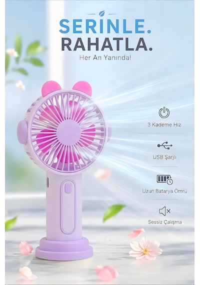 Şarjlı Taşınabilir Sevimli Kulak Tasarımlı Mini Fan 3 Kademeli Hız Telefon Standlı Vantilatör Mor