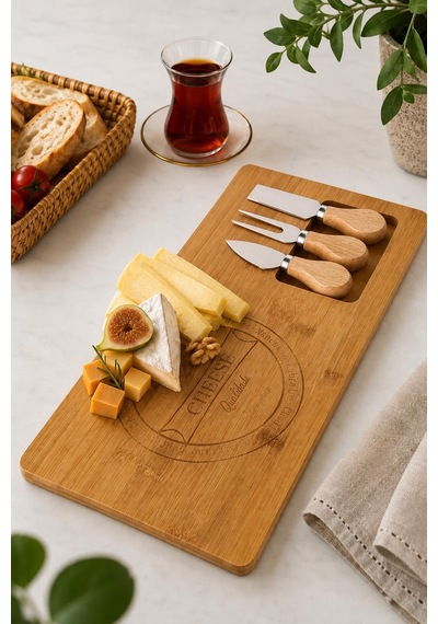 38 X 19 Cm Bambu Peynir Sunum Tepsisi Peynir Ve Çerez Servis Tahtası, Bıçak Setli Sarı