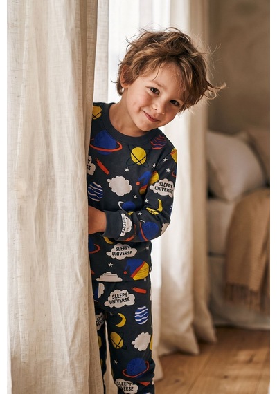 Zuzunga Planet Pattern Uzun Kollu Erkek Çocuk Pijama Takımı Füme