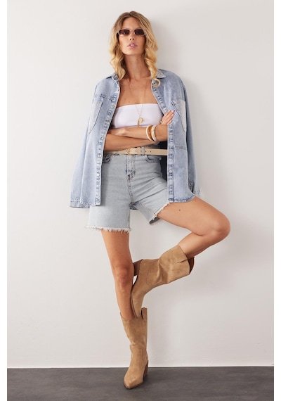 Tudors Kadın Regular Fit Klasik Kesim Pamuklu Açık Mavi Jean Kot Şort-39916 Açık Mavi