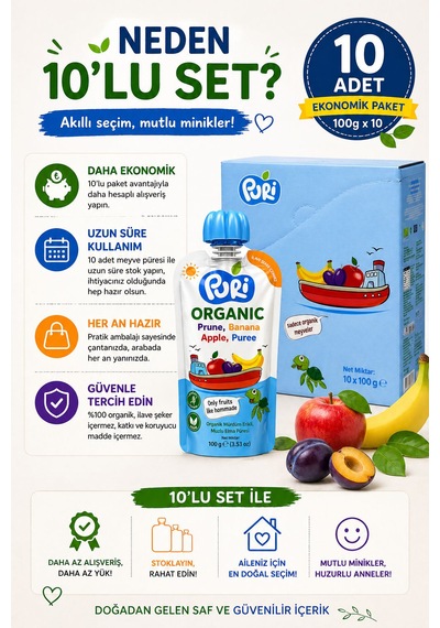 Organic Mürdüm Erikli Muzlu Elma Püresi 100 G x 10 %100 Organik İlave Şekersiz 10'lu Paket