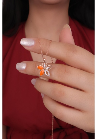 Encili Silver 925 Ayar Gümüş Turuncu Mineli Lotus Çiçeği Model Rose Renk Kadın Kolye Rose