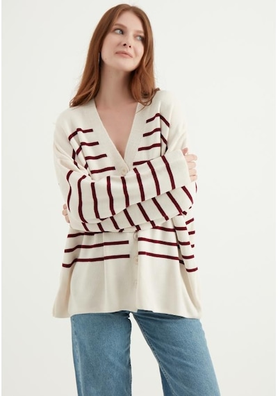 Cizgili Oversize Ekru Hırka 23aj0050 Ekru
