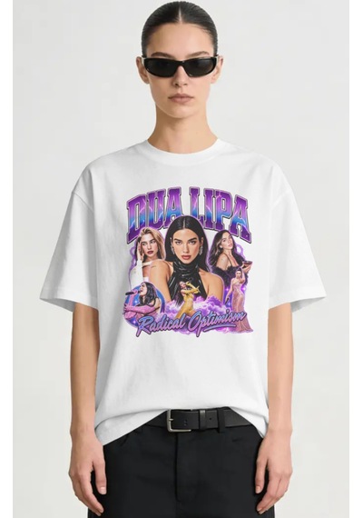 Sevbano Dua Lipa Şarkıcı Baskılı Unisex Oversize Premium Tişört Beyaz