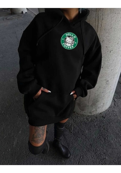 Hunors Sportswear & Company Hello Coffe Baskılı Unisex Model Pamuklu Kapüşonlu Sweatshirt SIYAH