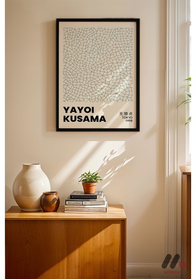 Yayoi Kusama Beyaz Ağ Deseni, Siyah Çerçeveli Duvar Tablosu - Sanatsever Hediyesi