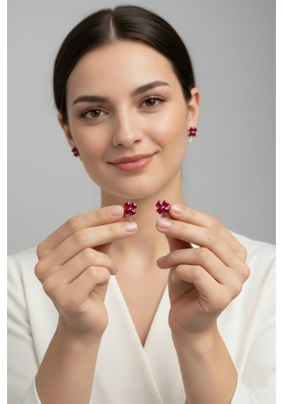 Çekirdekjewelry 925 Ayar Gümüş Yakut Taşlı Yonca Küpe Rose