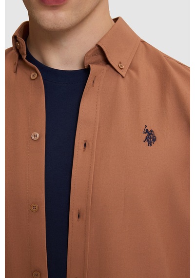 U.S. Polo Assn. Erkek Açık Kahverengi Slim Fit Uzun Kollu Basic Gömlek 50324708-vr134 Kakao