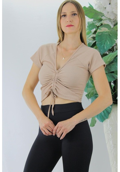 Ön Büzgülü Crop Bluz Camel - 1293.33-9077110911060 Camel