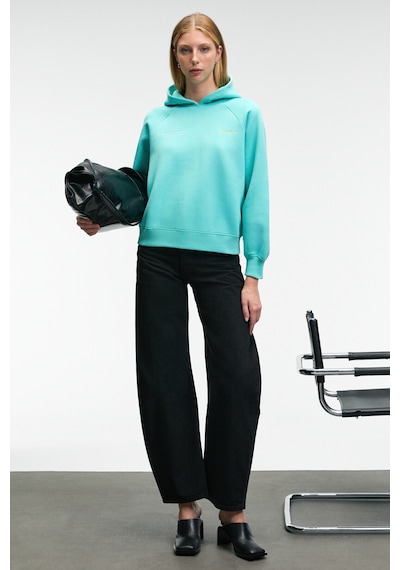 Grımelange ORINQUE Kadın Kapüşonlu Baskı ve Nakış Detaylı Oversize Turkuaz Sweatshirt