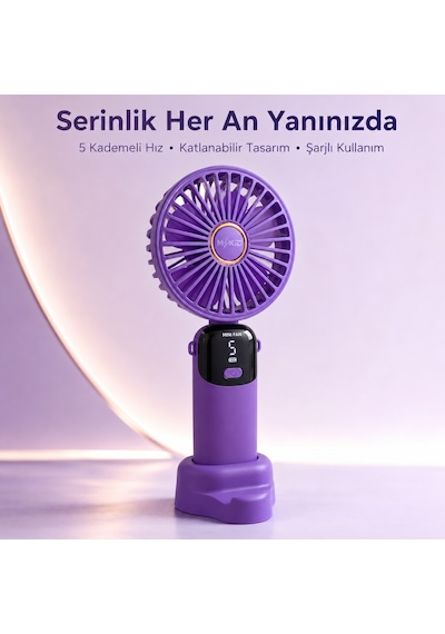 Mkio Şarjlı El Vantilatörü 5 Kademeli, Katlanabilir Dijital Ekranlı Mini El Fanı, 1200 Mah, 5 Pervaneli Güçlü Hava Akışı, Standlı Masaüstü Fan, Usb Şarjlı - Mor Renk