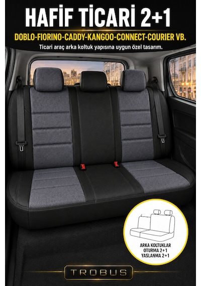 Vw Caddy 2015-2019 Uyumlu Lion Serisi 2+1 Ticari Tay Tüyü Füme Siyah Koltuk Kılıfı