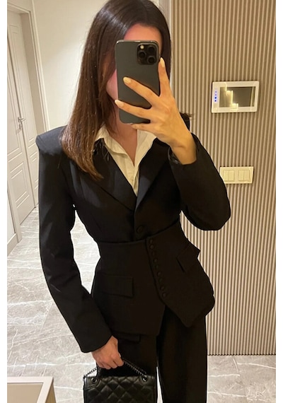 Üçlü Blazer Korse Pantolon Takım Siyah