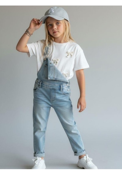 Zekids Kız Çocuk Pamuklu Fiyonk Detaylı T-shirt-16760 Ekru