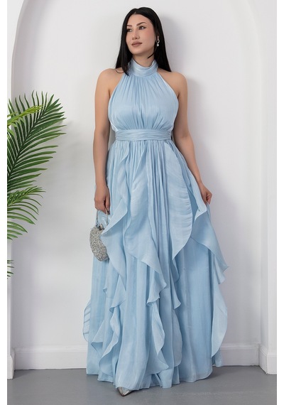 Kalopya Halter Yaka Eteği Fırfırlı Saten Elbise Eli6073 Mavi