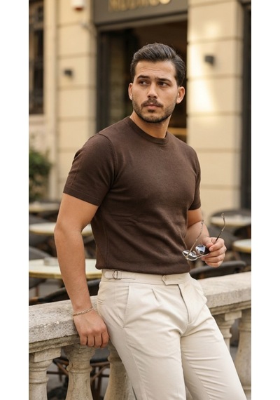 Veraura Lifestyle Erkek Basic Bisiklet Yaka Kısa Kollu Triko Tişört - %100 Pamuk Akrilik Kahverengi Veraura Lifestyle Erkek Basic Bisiklet Yaka Kısa Kollu Triko Tişört - %100 Pamuk Akrilik Kahverengi