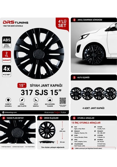 Skoda Uyumlu 15 Inç Kırılmaz Parlak Siyah Jant Kapağı 1 Takım 4 Adet No:317