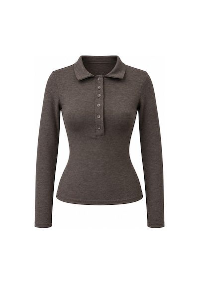 Mixray 2246 Kadın Polo Yaka Düğmeli Uzun Kollu Slim Fit Bluz Kahve