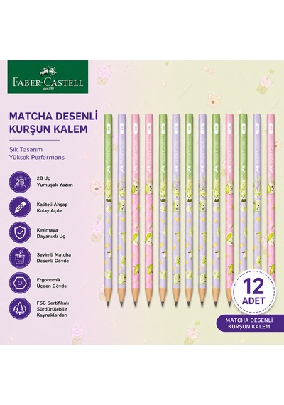 Faber-castell Matcha Desenli Kurşun Kalem 12 Adet 2b Yuvarlak Gövde Yeşil