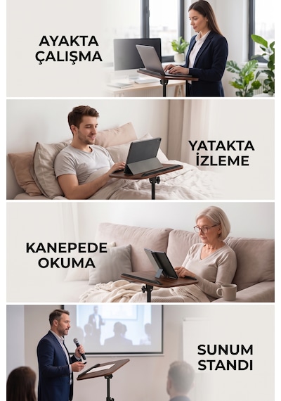Ayarlanabilir Laptop Sehpası Esnek Tasarım, Yükseklik Ayarlı Çalışma Ve Yan Sehpa Masası Barok Ceviz - Kahverengi