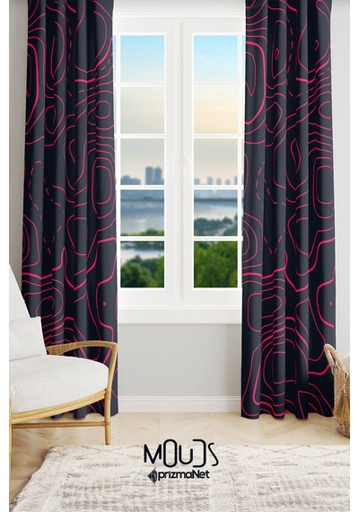 Wave Fuchsia Desenli Süet Oturma Odası Salon Fon Perde Ekstrafor Büzgü 2 Kanat Prd-1097 Çok Renkli