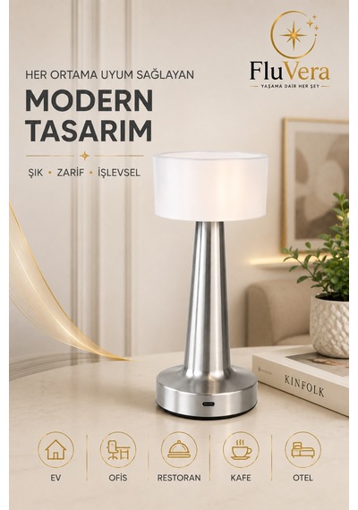 Şarjlı Gümüş Led Masa Lambası Kablosuz Dokunmatik Gece Lambası Usb-c Portatif Metal Gövdeli Gümüş