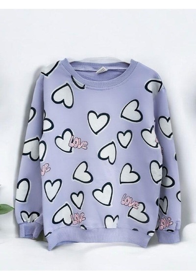 Kız Çocuk Kalp Desenli Pamuklu Sweatshirt-14301 Lila