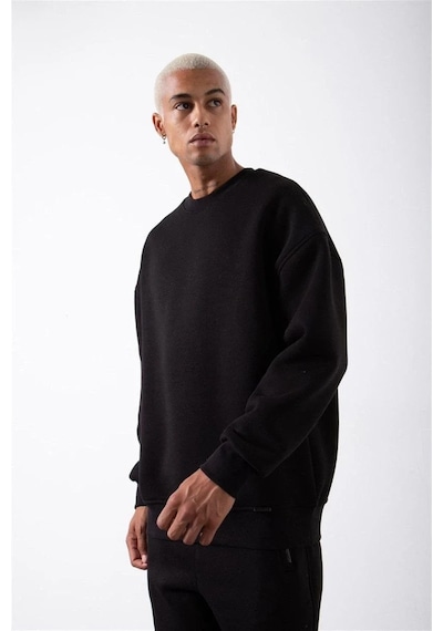 Luz&pos Erkek Biskilet Yaka Üç İplik Sweatshirt - Siyah Siyah