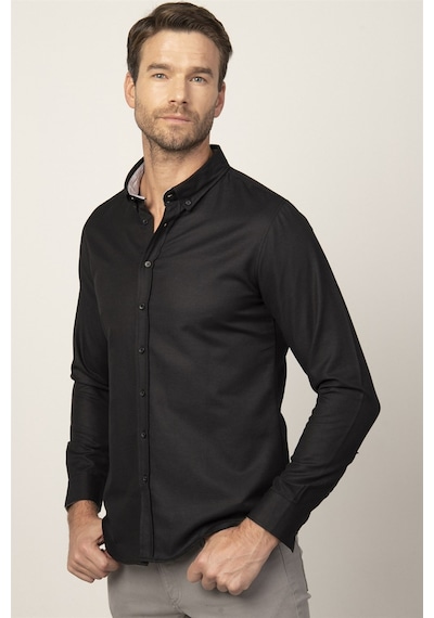 Tudors Slim Fit Dar Kesim Oxford Spor Erkek Gömlek-20619 Siyah