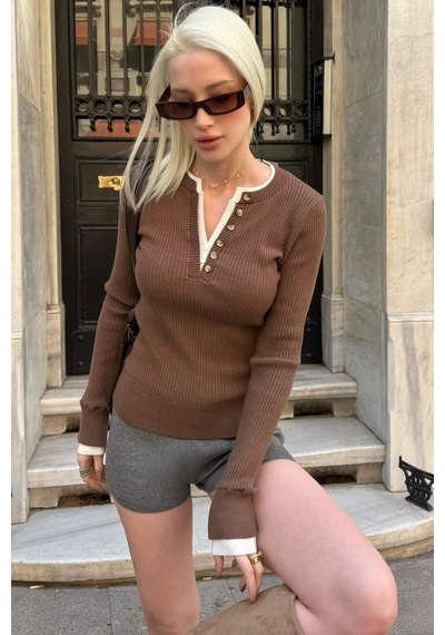 Kahverengi Düğmeli Yaka Uzun Kollu Fitilli Slim Fit Kadın Body Mg2729 Kahverengi