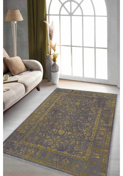 Sarı Vintage Kaymaz Tabanlı Makinede Yıkanabilir Halı Kr026n11