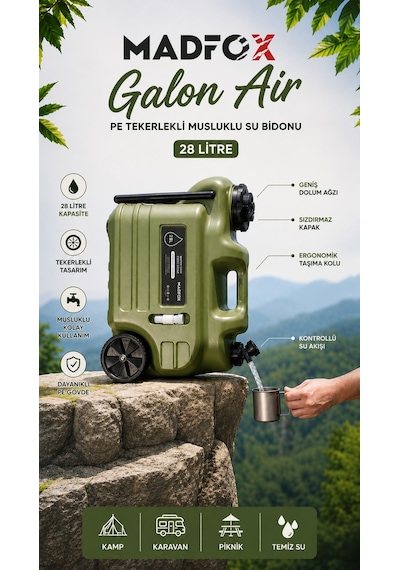 Madfox Galon Air Pe Tekerlekli Musluklu Su Bidonu 28 Litre Green Yeşil