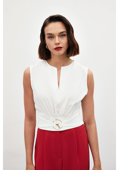 Sateen Toka Detaylı Kolsuz Bluz - Ekru-134859