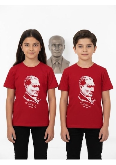 Zekids Çocuk Atatürk Baskılı Yarım Kollu T-shirt-17205 Kırmızı