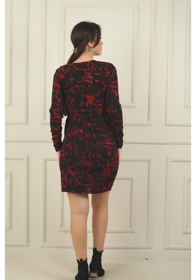 By Saygı Kruvaze Yaka Toka Detaylı Desenli Likralı Elbise-39751 Bordo