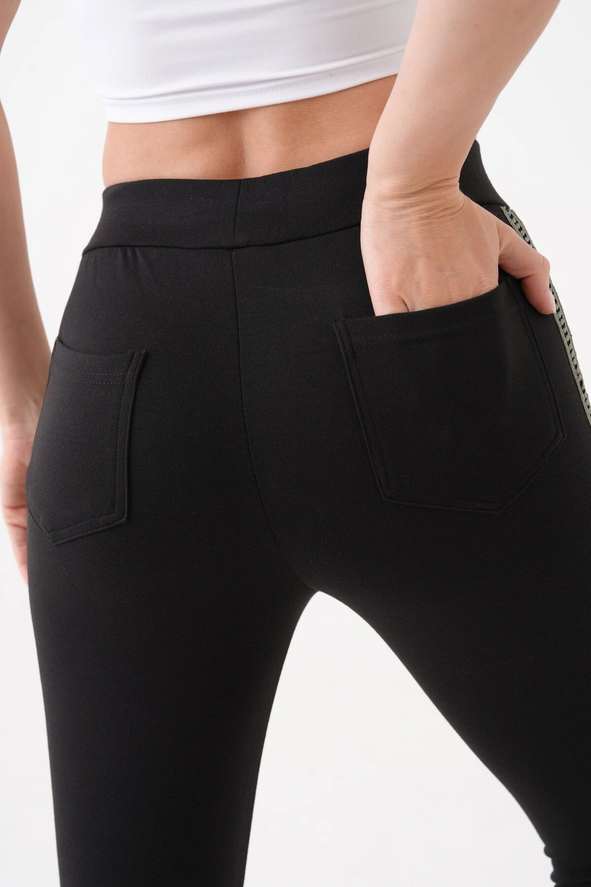 Kadın Yanı Şeritli Korse Etkili Arka Cepli Büyük Beden Spor Günlük Curve Tayt SiYAH
