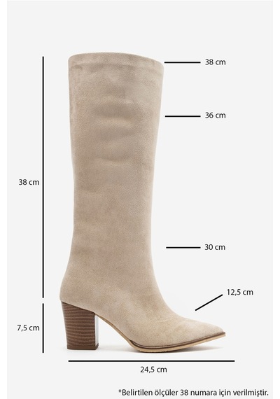 Luvi Shoes Moıra Bej Süet Kadın Kalın Topuklu Çizme