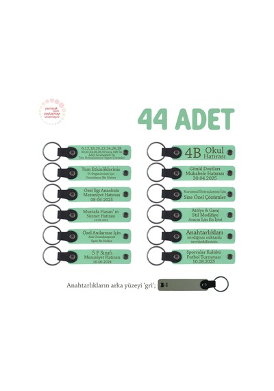 Açık Yeşil & Gri, Doğum Günü Misafirlerine Kişiselleştirilmiş Anahtarlık 44 Lü Set, Özel Hediyelik Çok Renkli
