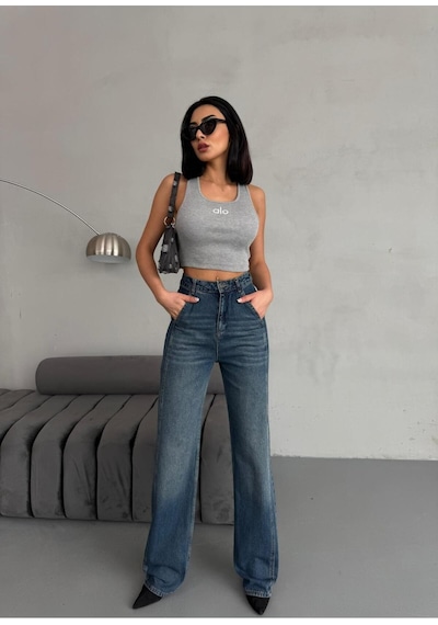 Yan Dikiş Detaylı Wide-leg Tint Jean Mavi